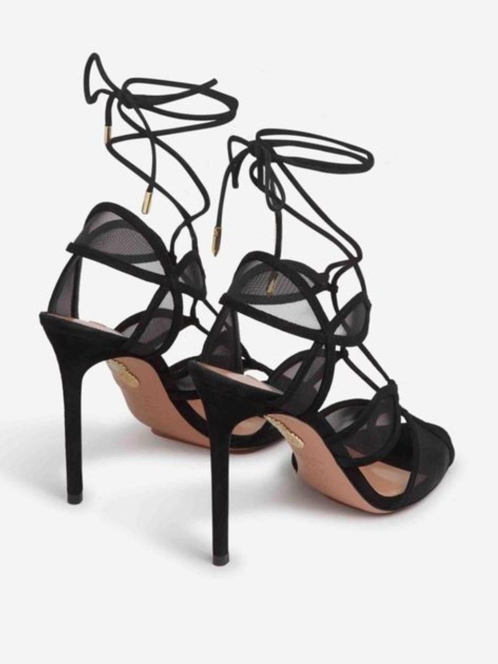 Aquazzura Black Lace-Up Mesh Stiletto Heels Fatal heeled sandals Size 38 Box/bag